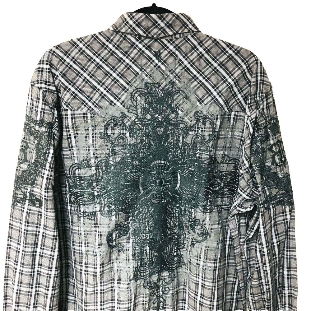 ROAR Mens Western Shirt XL Gray‎ Plaid Flip Cuff  Embroider Rancher Cowboy